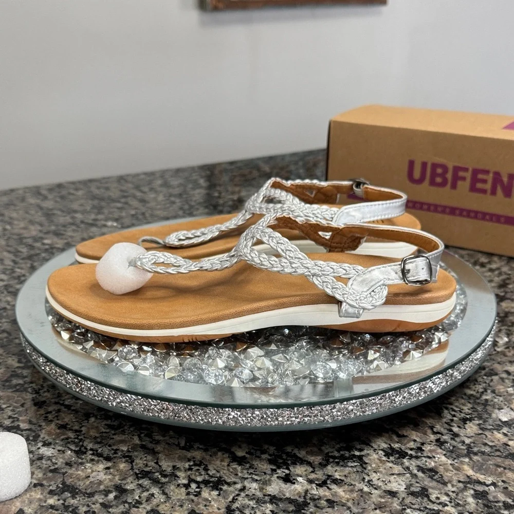 UBFEN metallic silver and Tan Braided Sandals NEW 10